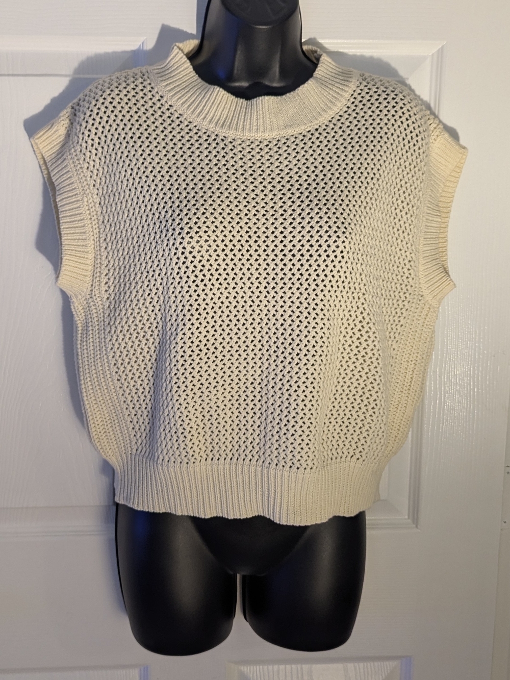JODIFL Cream Open Knit Sweater Vest Mock Neck Boxy Cropped Boutique Top